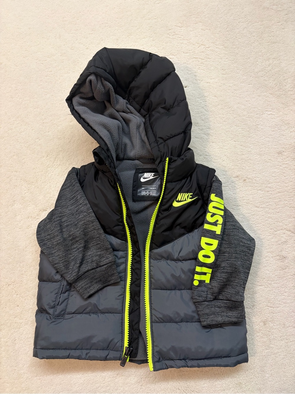 Nike Kids Gray & Black Hooded Puffer Vest Sweatshirt with Neon Yellow Accents